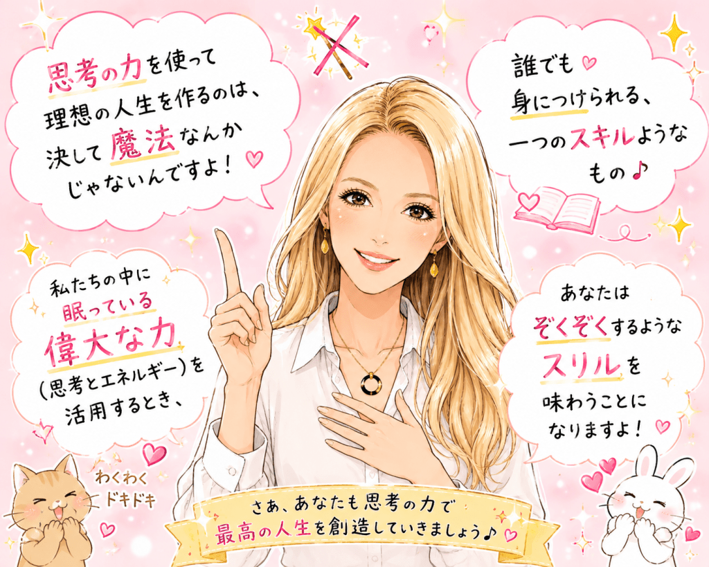 alt="思考の力は魔法ではなく誰でも身につけられるスキルだと、優しく語りかける女性のイラスト"