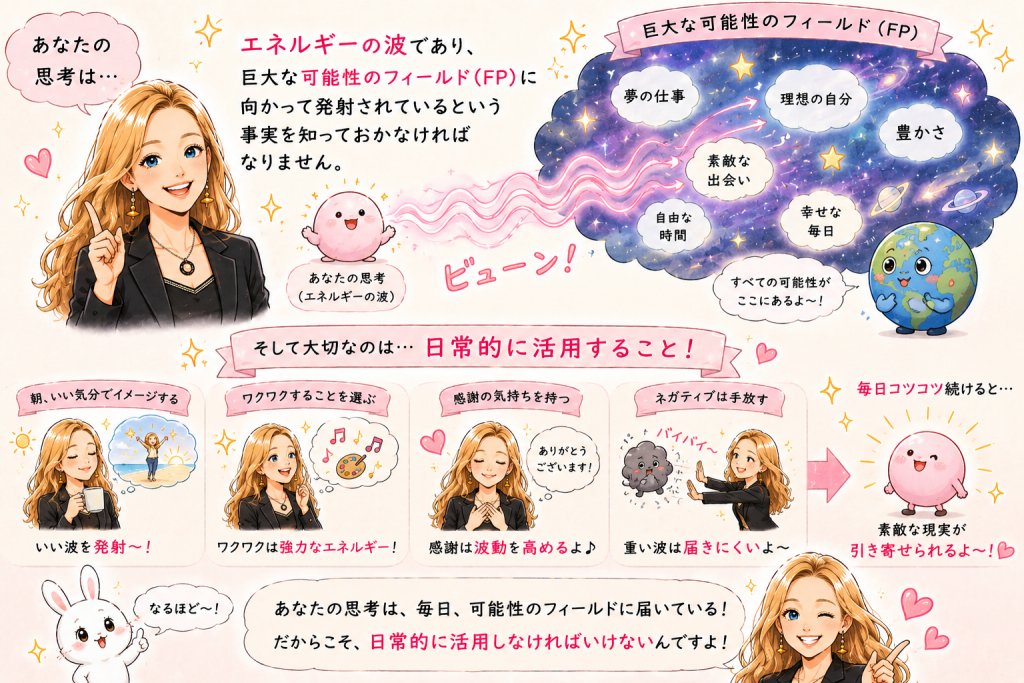 alt="思考はエネルギーの波となって巨大な可能性のフィールド(FP)へ届くという考え方と、イメージ・感謝・ワクワクを日常で実践する方法を可愛く解説したイラスト"