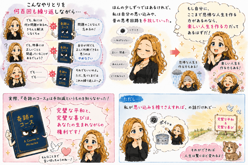 alt="「奇跡のコース」の教えを何百回も繰り返し実践し、古い思考パターンを手放して『人生は驚くほど変わるよ!』と気づいていく流れを説明したイラスト"