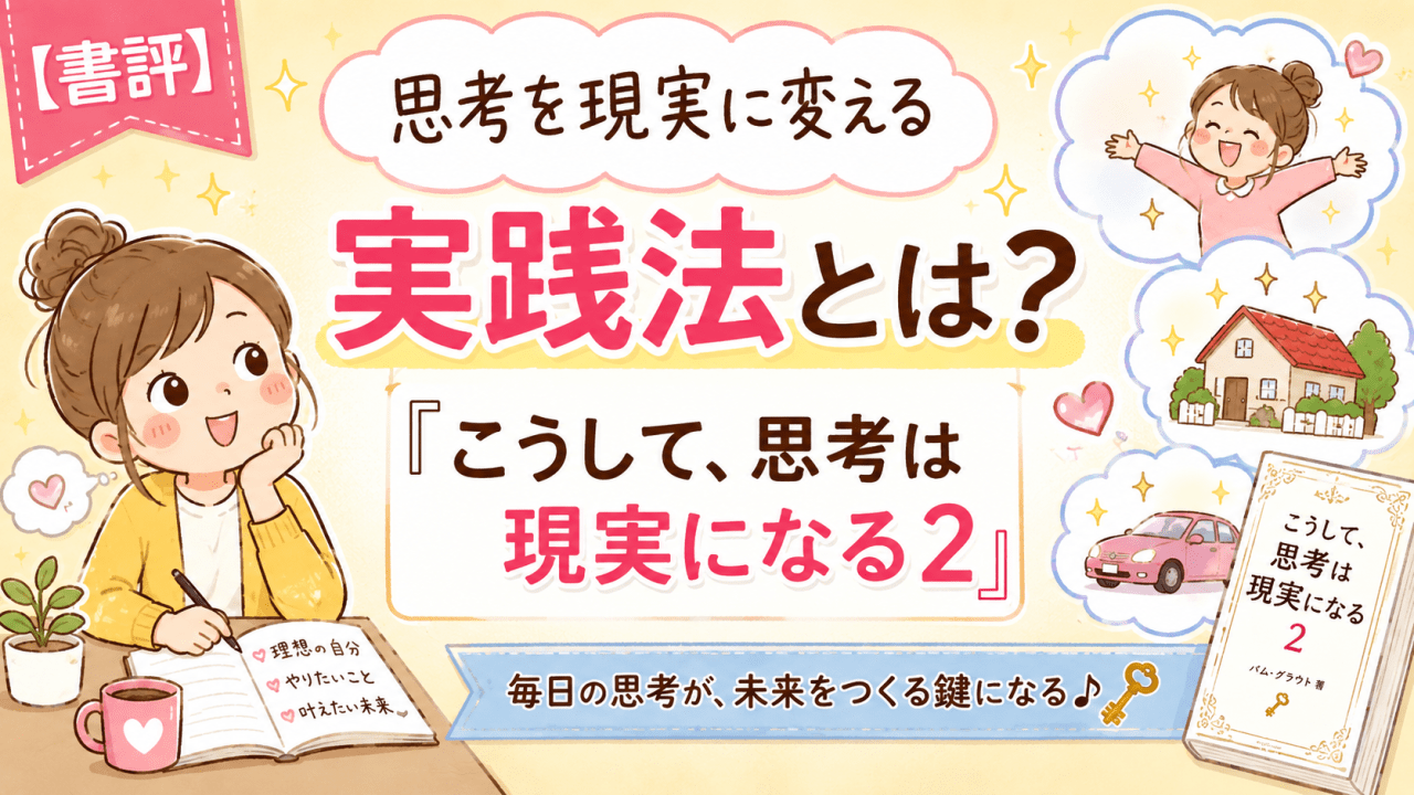 alt="『こうして、思考は現実になる2』の書評イラスト｜思考を現実に変える実践法を学ぶ女性"