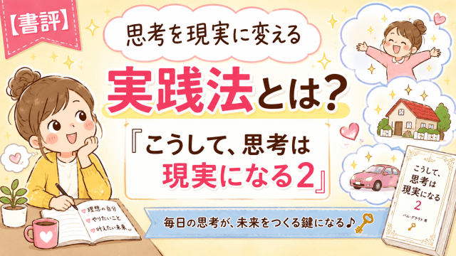 alt="『こうして、思考は現実になる2』の書評イラスト｜思考を現実に変える実践法を学ぶ女性"