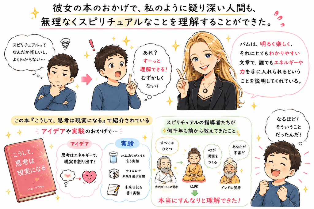 alt="『こうして、思考は現実になる』の実験を通して、スピリチュアルやFP（可能性のフィールド）の考え方を楽しく学ぶ様子を描いたイラスト"