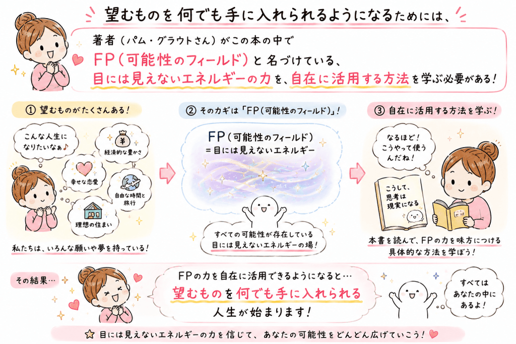 alt="望むものを手に入れるには、著者パム・グラウトが提唱するFP（可能性のフィールド）という目に見えないエネルギーを活用する方法を学ぶことの大切さを説明したイラスト"