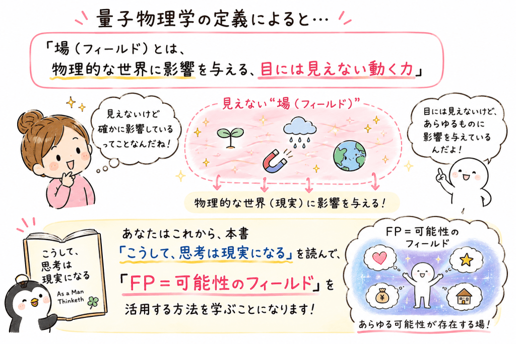 alt="目に見えないエネルギーやFP（可能性のフィールド）の存在はすぐには理解できなくても、本書の9つの実験を21日間続けることで、その存在を体感できることを説明したイラスト"