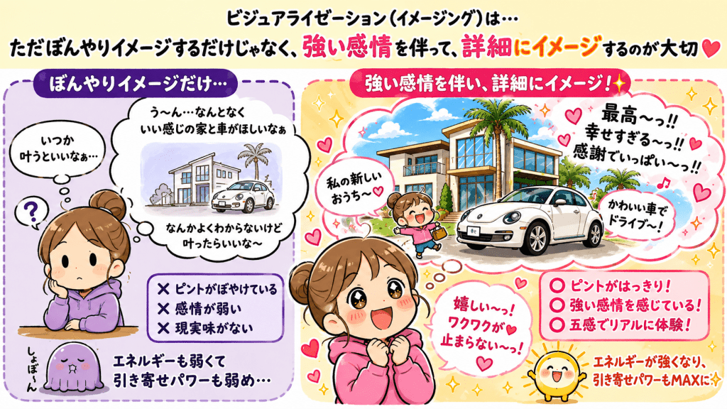 alt="引き寄せの法則のビジュアライゼーションで、嬉しい・ワクワクする感情を伴いながら願いが叶った未来を詳細にイメージすることの大切さを解説するイラスト"