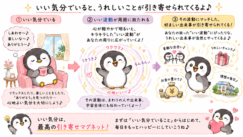 alt="引き寄せの法則で、いい気分からいい波動が生まれ、好ましい出来事を引き寄せる仕組みを解説したイラスト"
