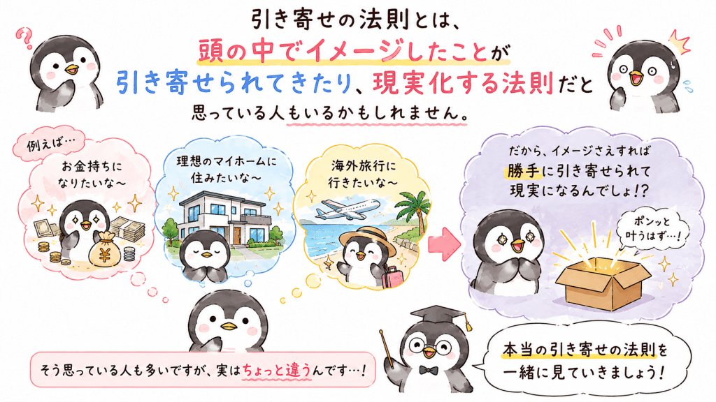 alt="引き寄せの法則は頭の中でイメージしたことがそのまま現実になると思っている人もいることを説明するペンギンのイラスト"