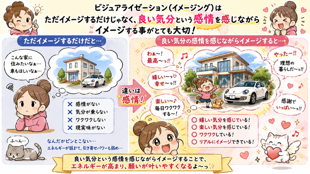 alt="引き寄せの法則のビジュアライゼーションで、嬉しい・楽しい・ワクワクする良い気分を感じながら願いが叶った未来をイメージすることの大切さを解説するイラスト"