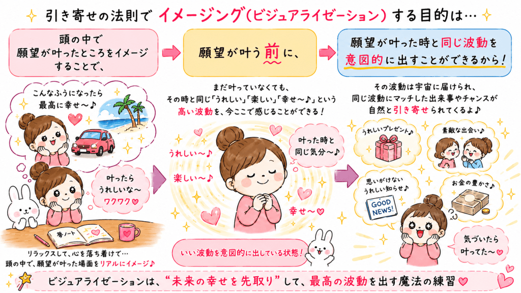 alt="引き寄せの法則でイメージング(ビジュアライゼーション)をする目的を、可愛いイラストでわかりやすく解説したイラストの図"
