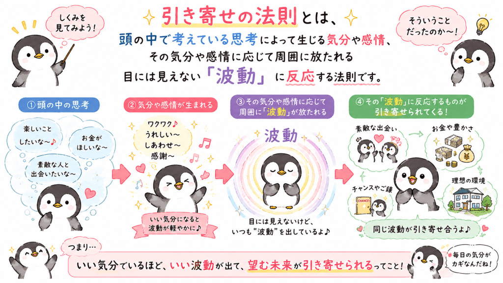 alt="引き寄せの法則で思考から生まれた感情が波動となり望む未来を引き寄せる仕組みを解説するペンギンのイラスト"