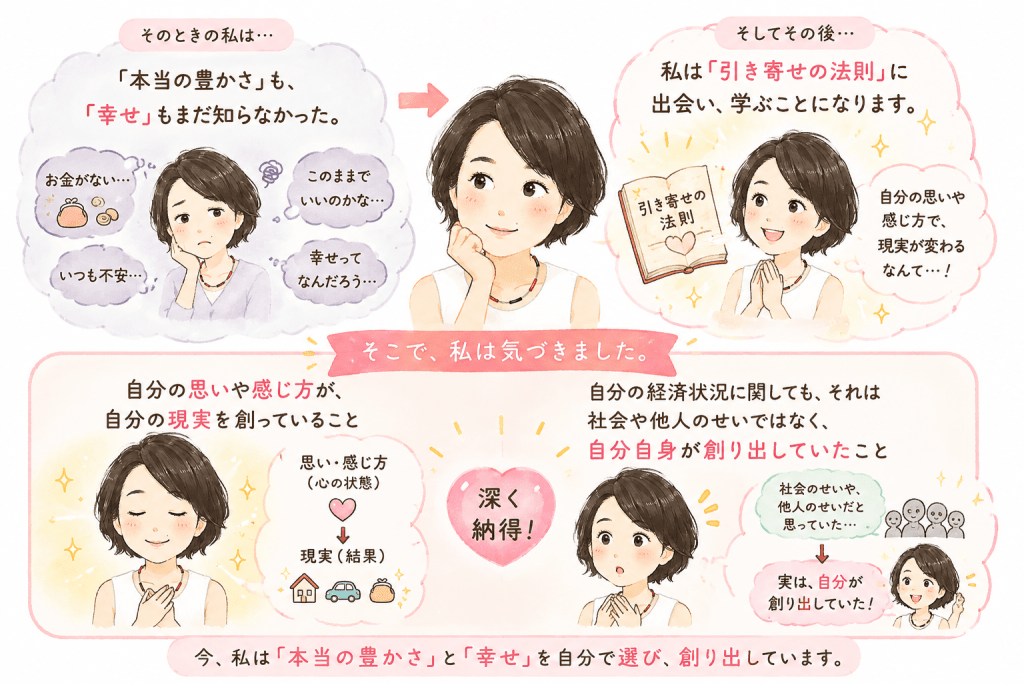alt="奥平亜美衣さんが引き寄せの法則を学び、自分の思いや感じ方が現実や経済状況を創り出していることに気づいた過程を、可愛いイラストでわかりやすく紹介した図"