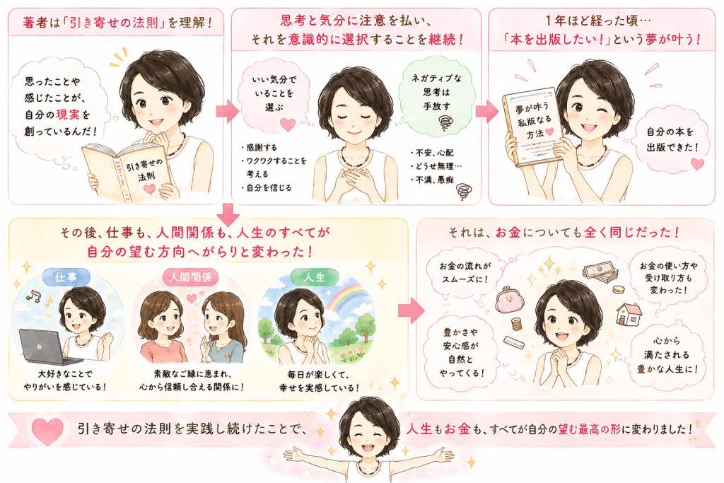 alt="奥平亜美衣さんが引き寄せの法則を実践し、思考と気分を意識的に選び続けた結果、本の出版や仕事・人間関係・お金など人生全体が望む方向へ変化したことを紹介するイラスト"