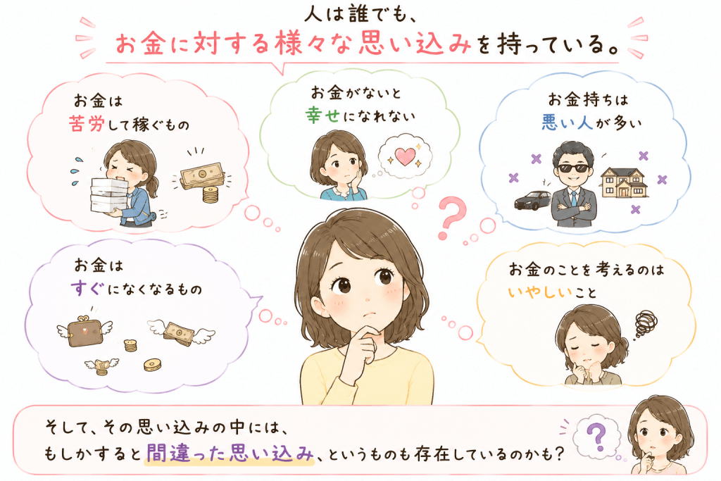 alt="人はそれぞれお金に対する思い込みを持っており、その中には間違った思い込みがあるかもしれないことを、可愛いイラストでわかりやすく説明した図"