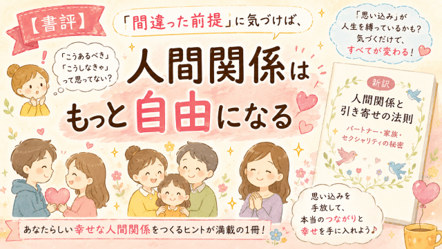 alt="『新訳 人間関係と引き寄せの法則 パートナー・家族・セクシャリティの秘密』の書評アイキャッチイラスト。「間違った前提」に気づけば人間関係はもっと自由になることを表現したデザイン"