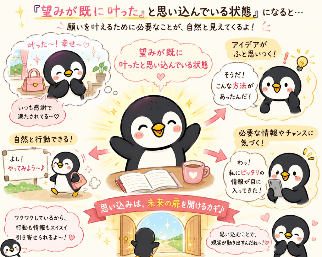 alt="望みがすでに叶ったと思い込むことで、アイデアや必要な情報、行動のヒントに自然と気づく様子を説明するペンギンのイラスト"