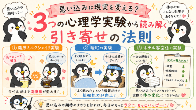 alt="思い込みや期待、ラベルの情報が心や体に与える影響を、睡眠実験・ホテル客室係実験・濃厚ミルクシェイク実験でわかりやすく解説したイラスト"