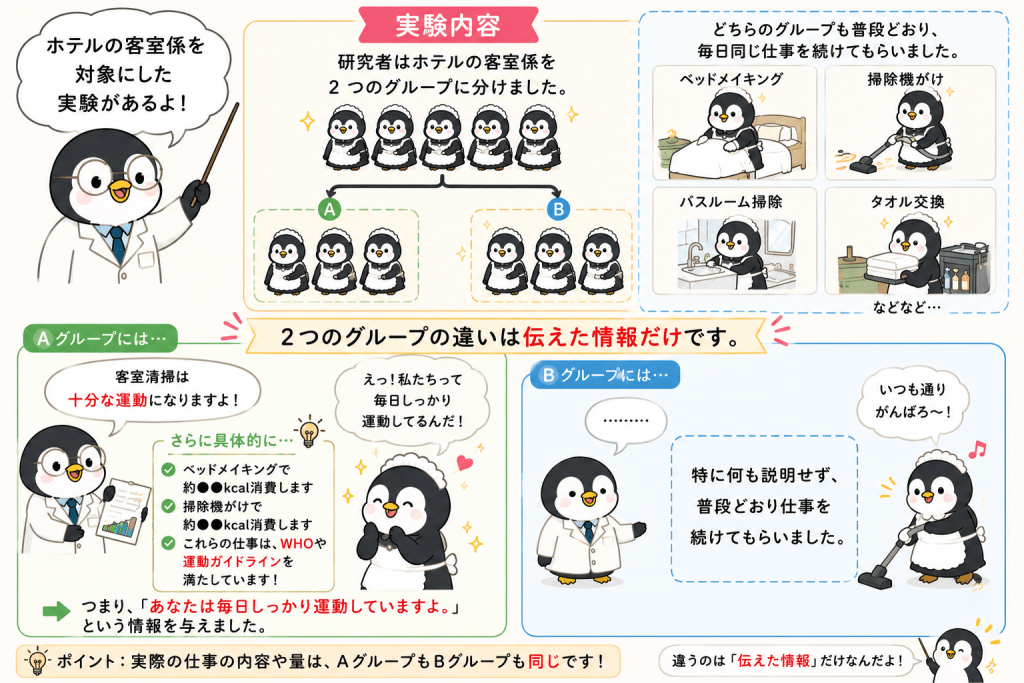 alt="思い込みが行動や結果に与える影響を調べた心理学実験。ホテル客室係に「仕事は十分な運動になる」と伝えたグループと伝えなかったグループを比較した実験の解説イラスト"