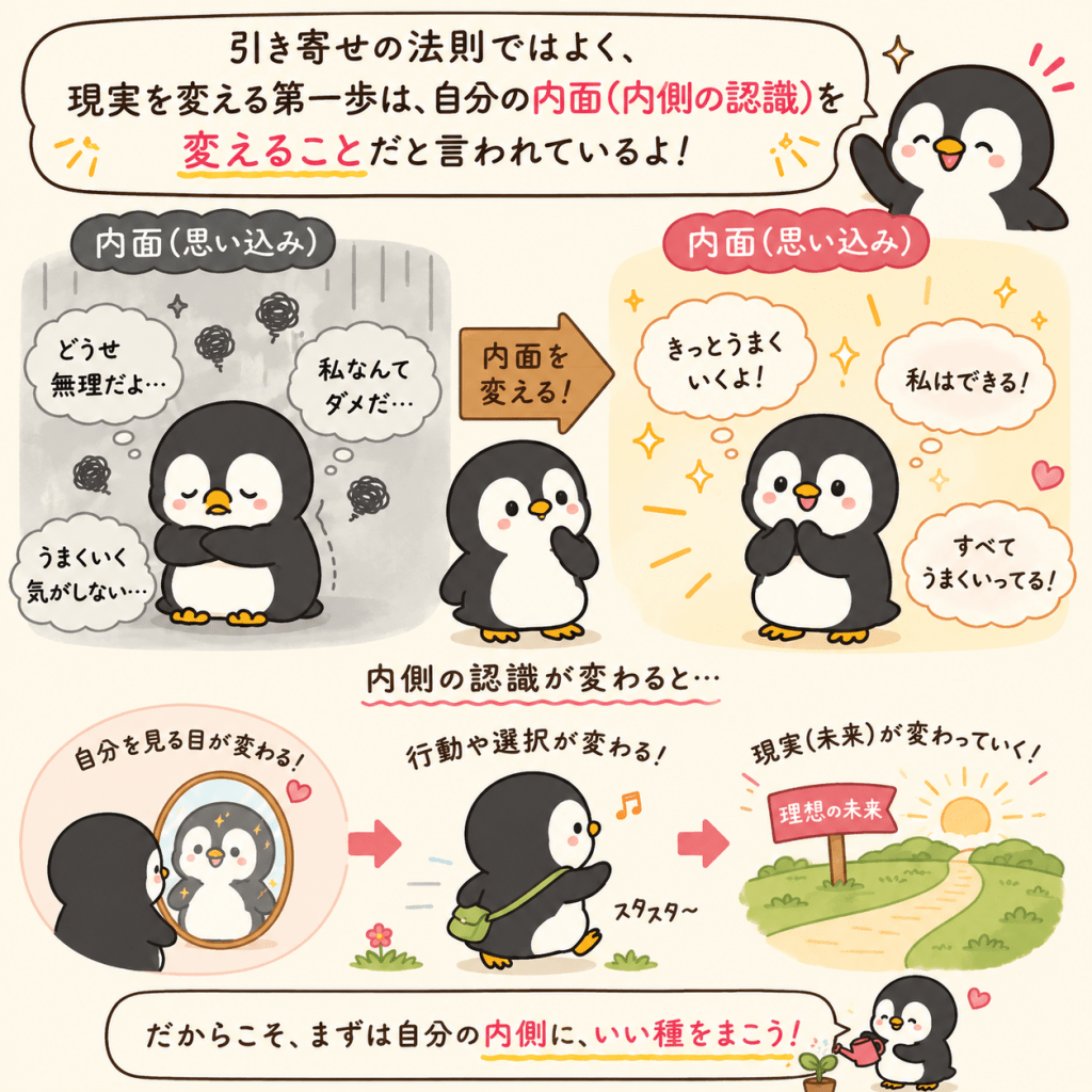 alt="引き寄せの法則では現実を変える第一歩は内面（内側の認識）を変えることだと説明する、ペンギンのイラスト"