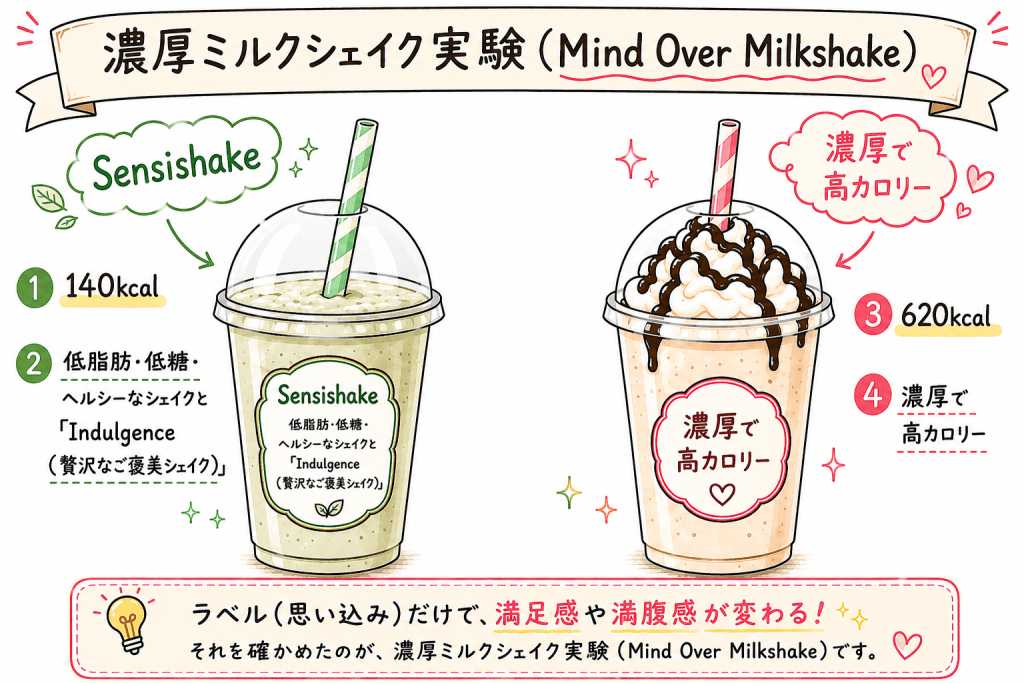 alt="濃厚ミルクシェイク実験（Mind Over Milkshake）の解説イラスト。低カロリーと表示したシェイクと高カロリーと表示したシェイクを比較し、ラベル（思い込み）によって満足感や満腹感が変わることを説明"