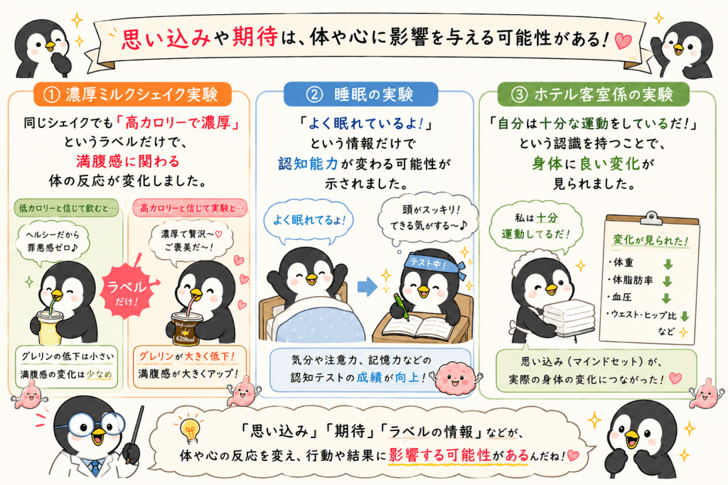 alt="思い込みや期待、ラベルの情報が心や体に与える影響を、睡眠実験・ホテル客室係実験・濃厚ミルクシェイク実験でわかりやすく解説したイラスト"