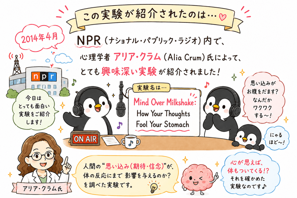 alt="NPRで紹介されたアリア・クラム氏の「Mind Over Milkshake（濃厚ミルクシェイク実験）」を紹介するイラスト。思い込み（期待・信念）が体の反応に影響する心理学実験をわかりやすく解説"