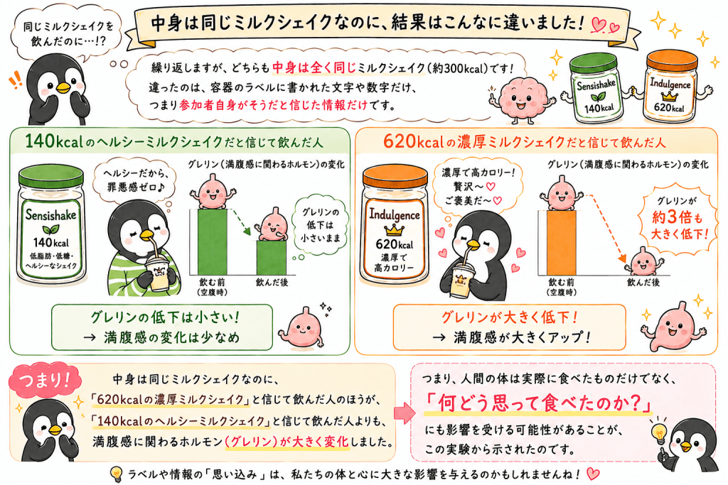 alt="濃厚ミルクシェイク実験で測定したグレリン（食欲ホルモン）の働きを解説。空腹時はグレリンが増え、食事後は減少する仕組みをイラストで紹介"