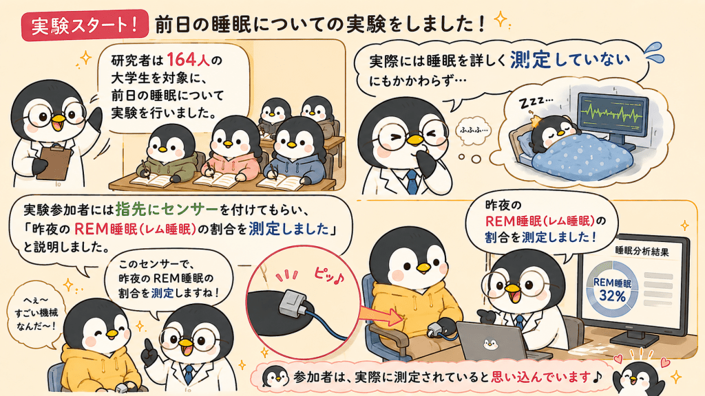 alt="睡眠に関する心理学実験の手順をかわいいペンギンで解説したイラスト。参加者にはREM睡眠を測定していると説明し、思い込みがパフォーマンスに与える影響を検証した実験を紹介"