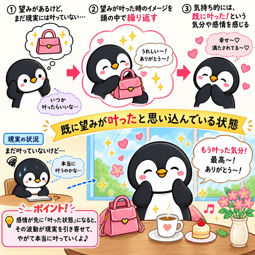 alt="引き寄せの法則で望みが叶った場面を繰り返しイメージし、すでに叶った気分や感情を感じる方法を説明するペンギンのイラスト"