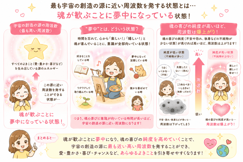 alt="「魂が歓ぶことに夢中になるほど周波数が高まり、宇宙の創造の源に近い周波数を発する状態になることを説明した可愛いイラスト」"