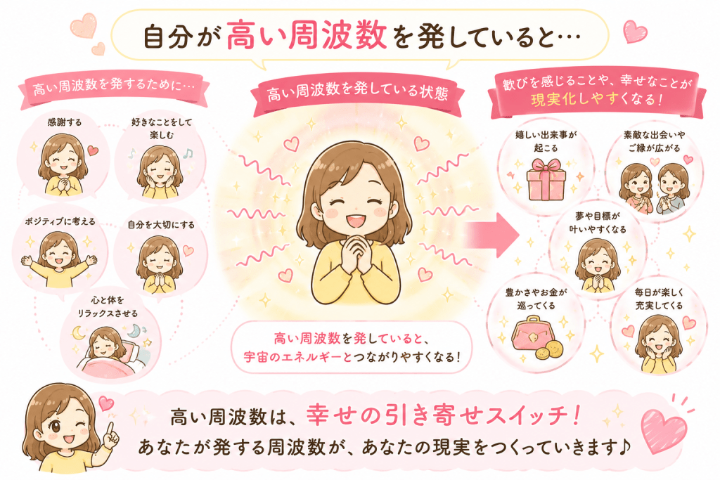 alt="「高い周波数を発すると、喜びや幸せを感じる出来事が現実化しやすくなることを説明した可愛いイラスト」"