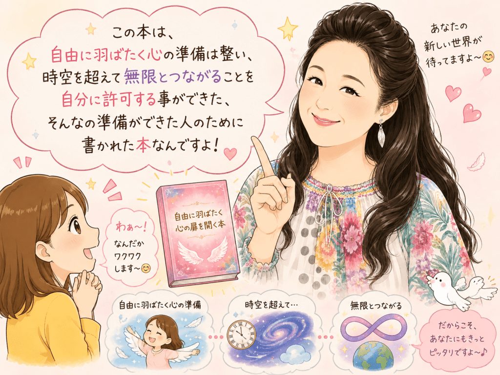 alt="「大木ゆきのさんが『この本は自由に羽ばたく心の準備ができた人のために書かれた本』と優しく語りかける様子を描いた可愛いイラスト」"