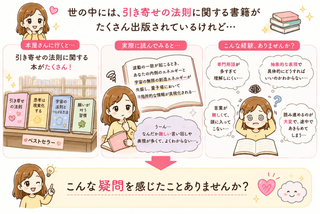 alt="「引き寄せの法則の本を読んでも、難しい言い回しや抽象的な表現が多く、内容が理解しづらいと感じる様子を表した可愛いイラスト」"