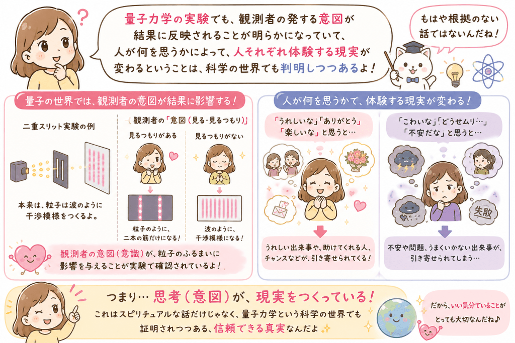 alt="「高い周波数を発すると、似た周波数の幸せな出来事や喜びを感じる体験を引き寄せやすくなることを説明した可愛いイラスト」"