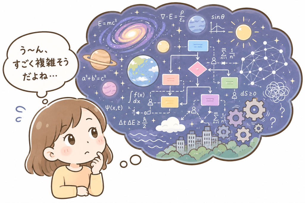 alt="「この世界の仕組みは複雑そうだと考えながら首をかしげる人物のシンプルで可愛いイラスト」"