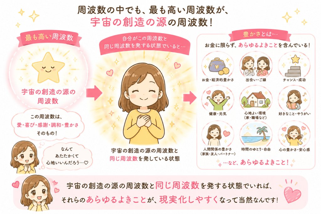 alt="「宇宙の創造の源と同じ高い周波数を発することで、豊かさや健康、出会い、チャンスなど、あらゆるよきことが現実化しやすくなることを説明した可愛いイラスト」"