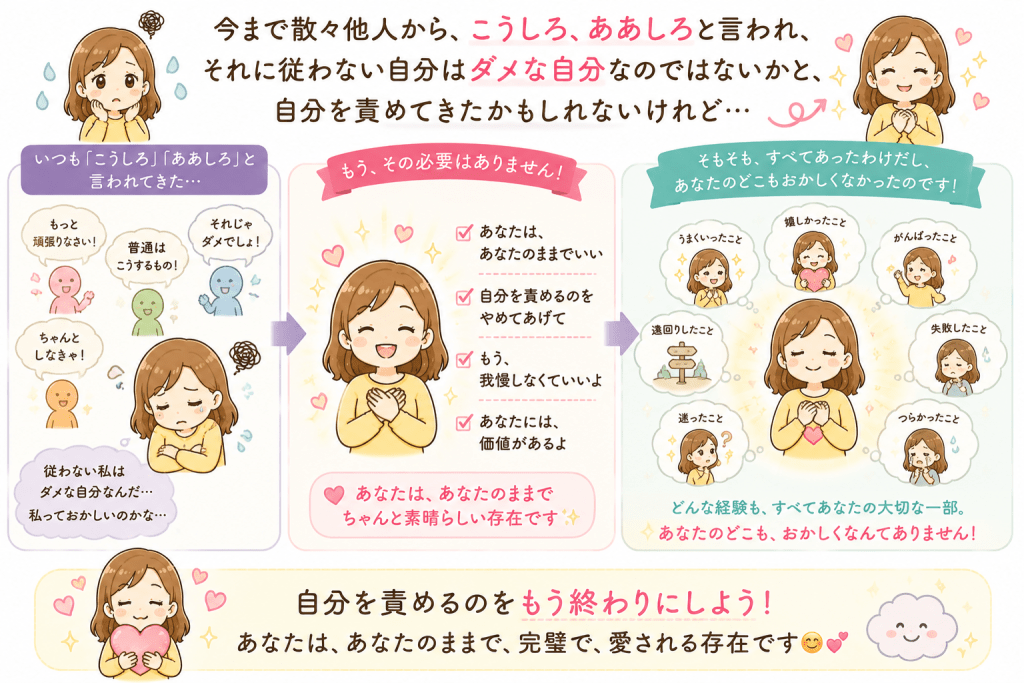 alt="「他人の期待に応えようと自分を責め続けてきた人が、自分はそのままで大丈夫だと気づき、自分を受け入れる様子を描いた可愛いイラスト」"