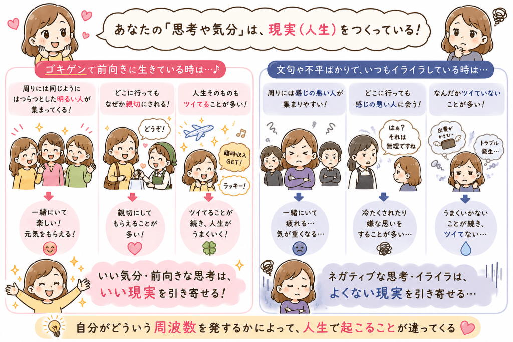 alt="「自分が発する周波数によって、人生で出会う人や起こる出来事が変わることをわかりやすく説明した可愛いイラスト」"