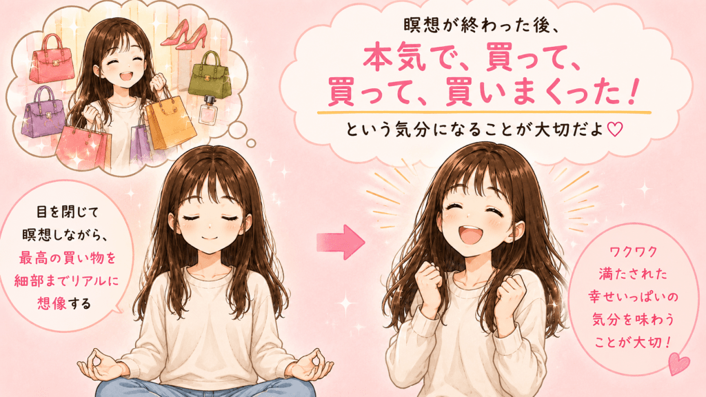 alt="理想の買い物を瞑想でリアルにイメージし、瞑想後に買い物を楽しんだ満たされた気分を味わう様子"