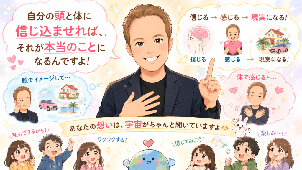 alt="ジョー・ディスペンザ博士が「自分の頭と体に信じ込ませれば、それが本当のことになる」と説明し、信じる→感じる→現実になる流れを解説しているイラスト"