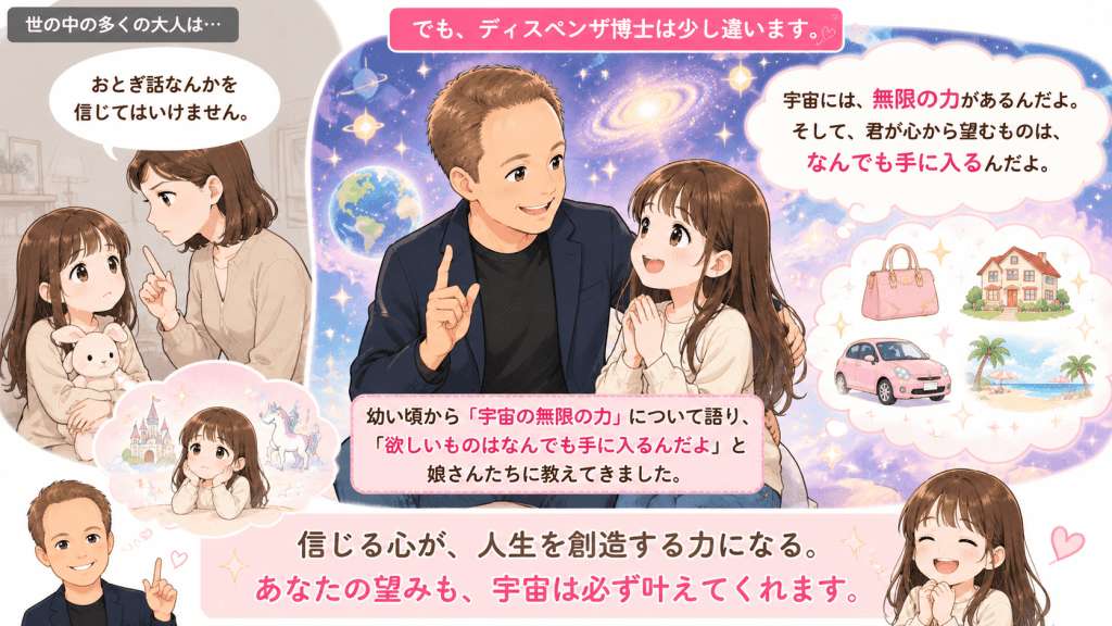 alt="ジョー・ディスペンザ博士が幼い頃から娘に宇宙の無限の力と欲しいものは何でも手に入ると教えていたことを解説したイラスト"