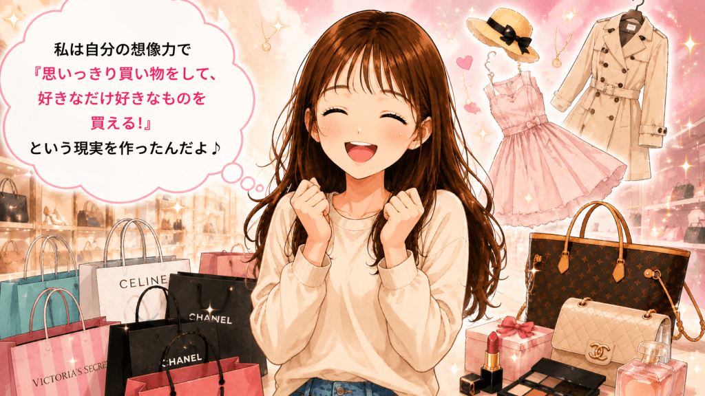 alt="好きなものを思い切り買える現実を想像し、「現実を作ったんだよ♪」と笑顔で喜ぶ女の子のイラスト"