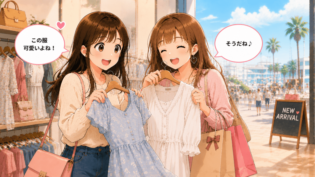alt="女の子2人が洋服を選びながら「この服可愛いよね!」「そうだね♪」と楽しく買い物をしているイラスト"