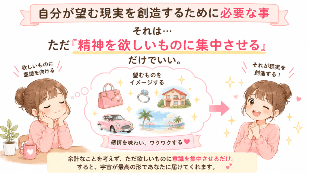 alt="望む現実を創造するためには、欲しいものに意識を集中し、理想の未来をリアルにイメージすることが大切だと説明するイラスト"