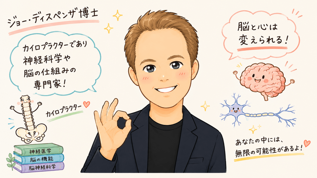 alt="ジョー・ディスペンザ博士のかわいい似顔絵イラスト。カイロプラクターとして神経科学や脳の仕組みを研究し、脳と心の可能性を紹介するイメージ"