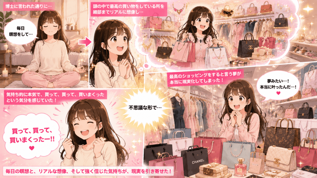 alt="毎日の瞑想で理想のショッピングを細部までリアルに想像し、不思議な形で夢の買い物が現実になったことを説明するイラスト"