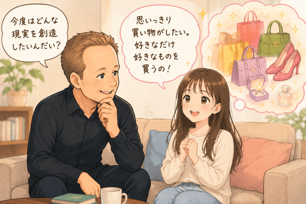 alt="ジョー・ディスペンザ博士が娘に「どんな現実を創造したい?」と尋ね、娘が「思いっきり買い物がしたい」と夢を語るイラスト"
