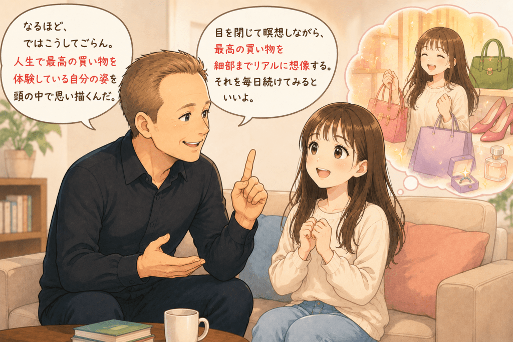 alt="ディスペンザ博士が娘に人生で最高の買い物をリアルにイメージする瞑想法を優しく教えているイラスト"